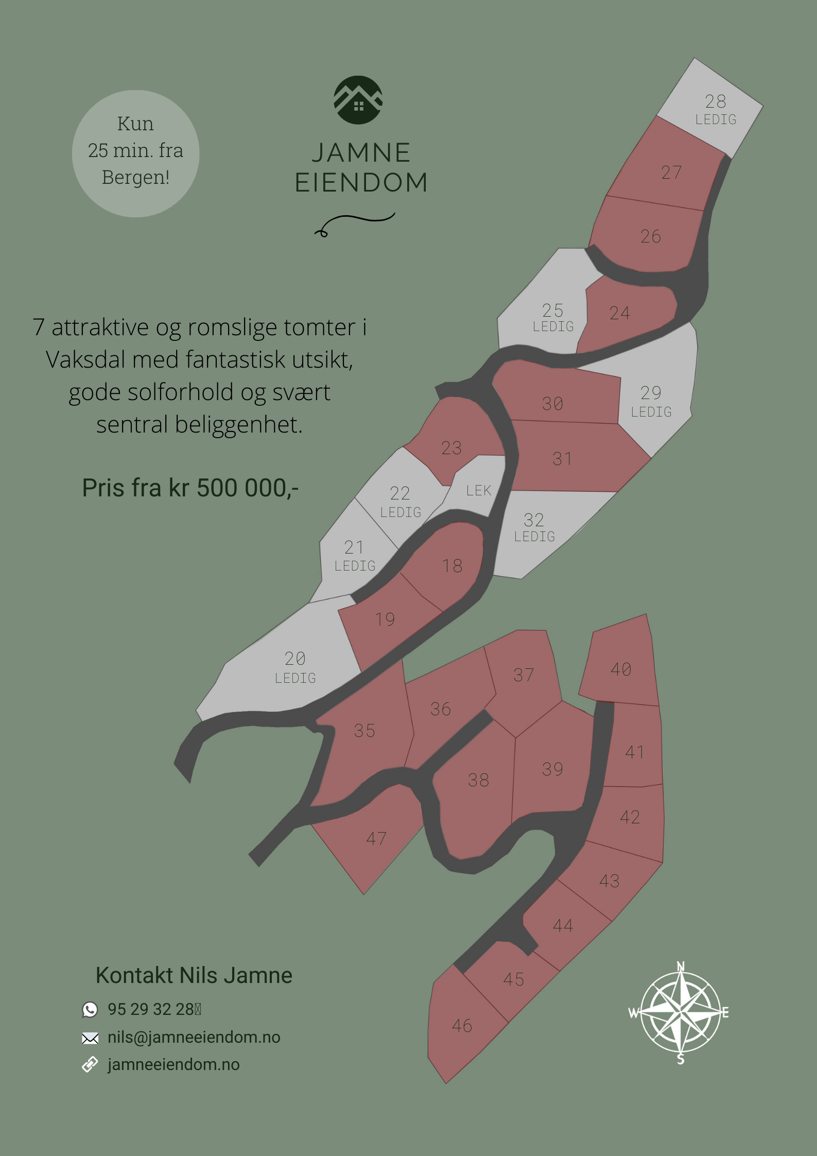 Våre tomter i Vaksdal har sannsynligvis kommunens flotteste beliggenhet, og er tilrettelagt for alt en moderne huskjøper kan ønske seg / Jamne Eiendom / Nils Jamne / Boligtomter